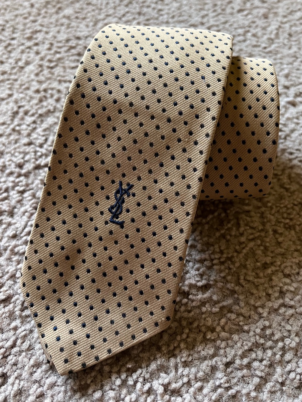 Vintage Yves Saint Laurent Silk Polka Dot Tie YSL Tan Gold Navy Logo